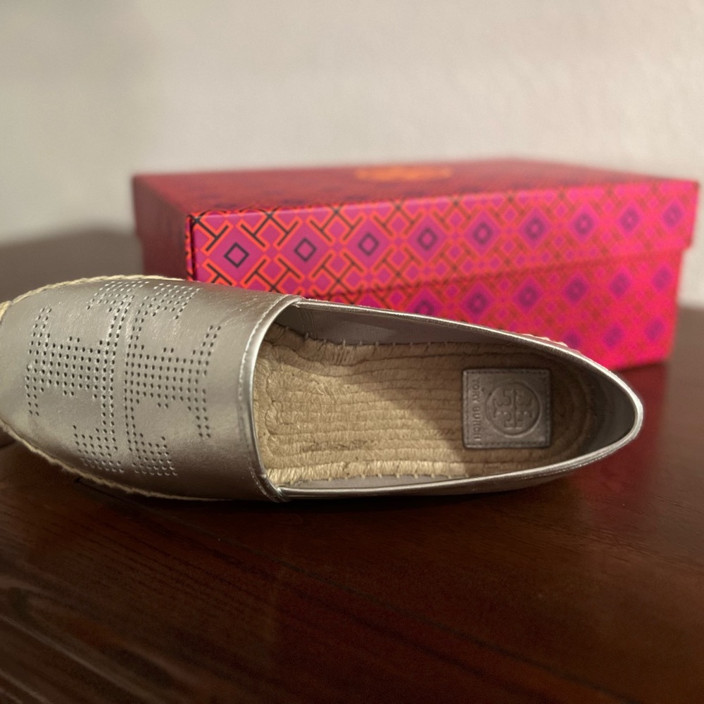New silver Tory Burch Espadrilles, size 10.5. Asking $125 OBO!!